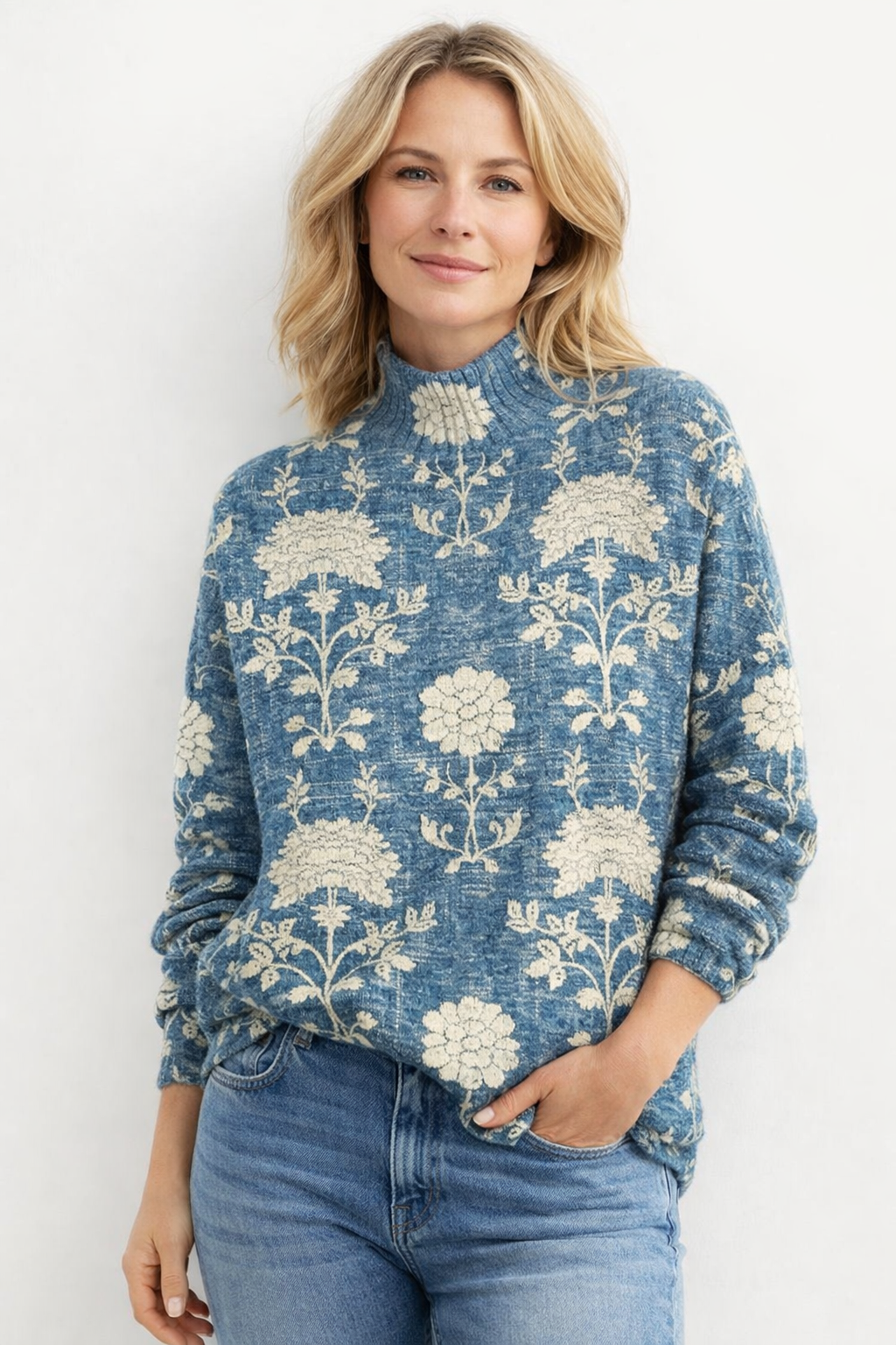 Clara | Jersey Floral con Cuello Alto y Tejido Suave